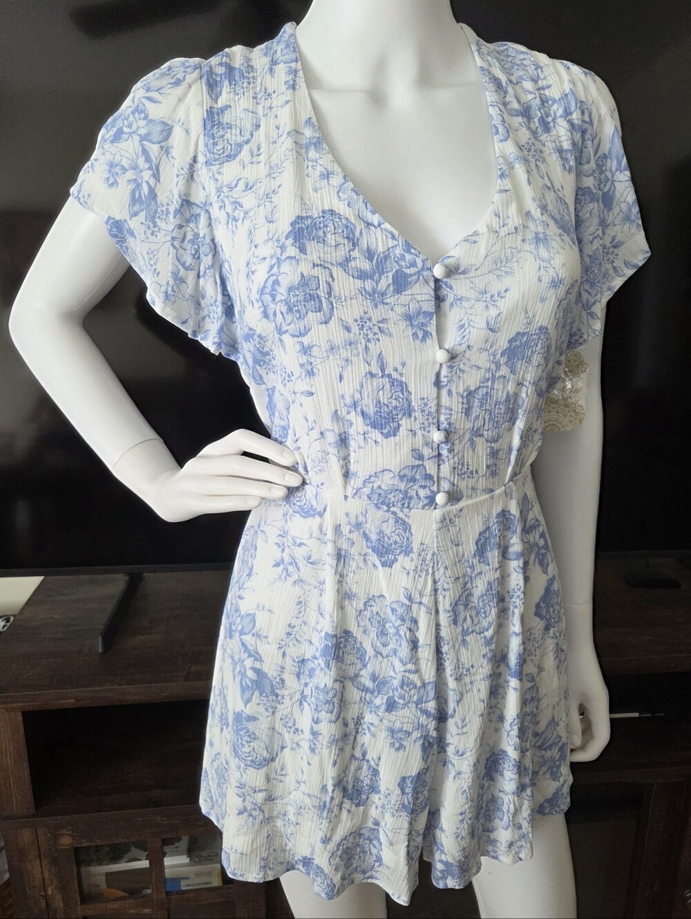 Altar'd State White Romper Dress with Light Blue Floral Print